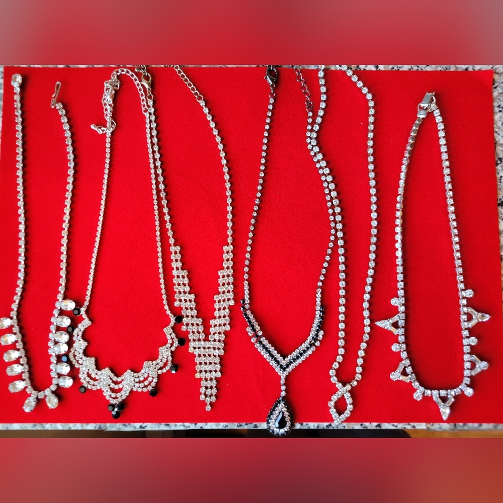 Six Elegant Silver Tone and Black Rhinestone Necklaces - Picture 1 of 7